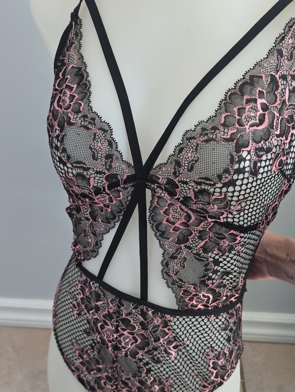La SENZA Black and Pink Lace Strappy Bodysuit